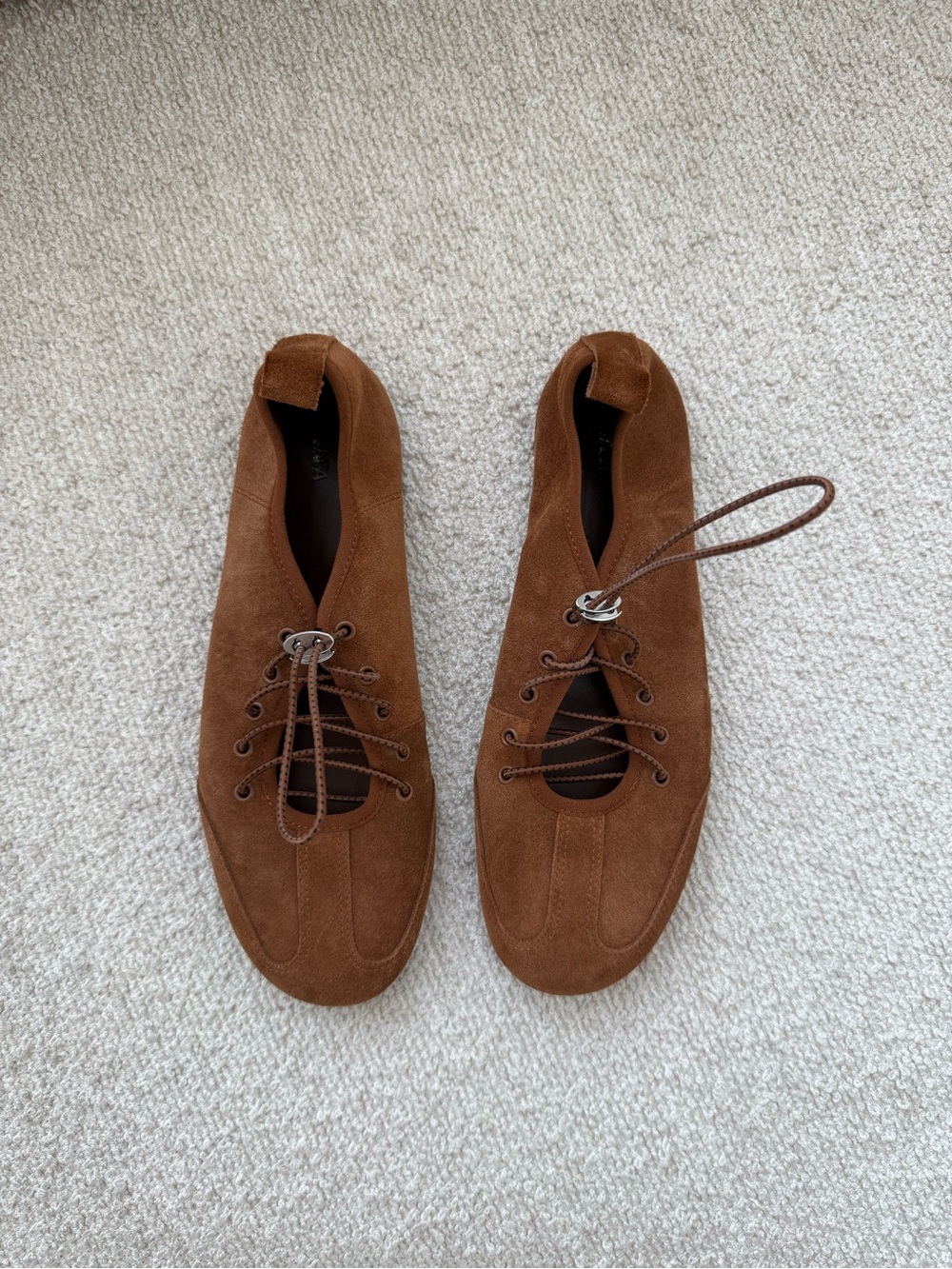 Zara Brown Suede Women's Moccasin Lace-Up Ballet Flats